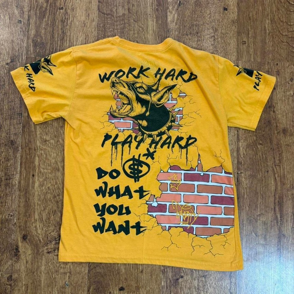 Fresh Laundry Mens Doberman Graphic T-Shirt Yellow Work Hard Play Hard Large